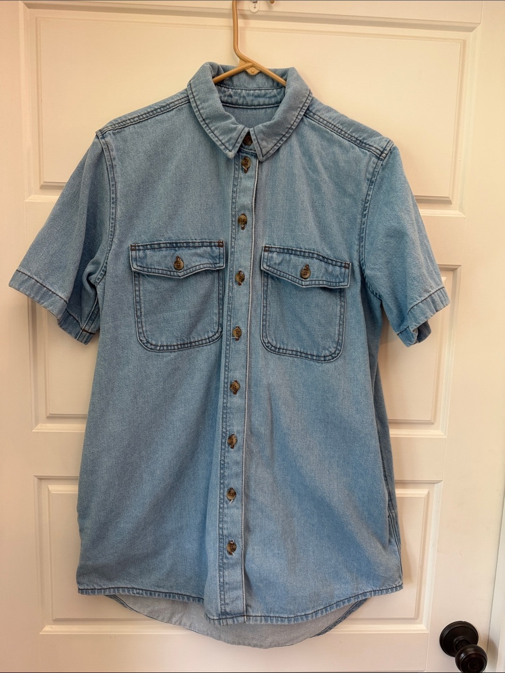 Light Blue Short-Sleeve Denim Shirt Dress